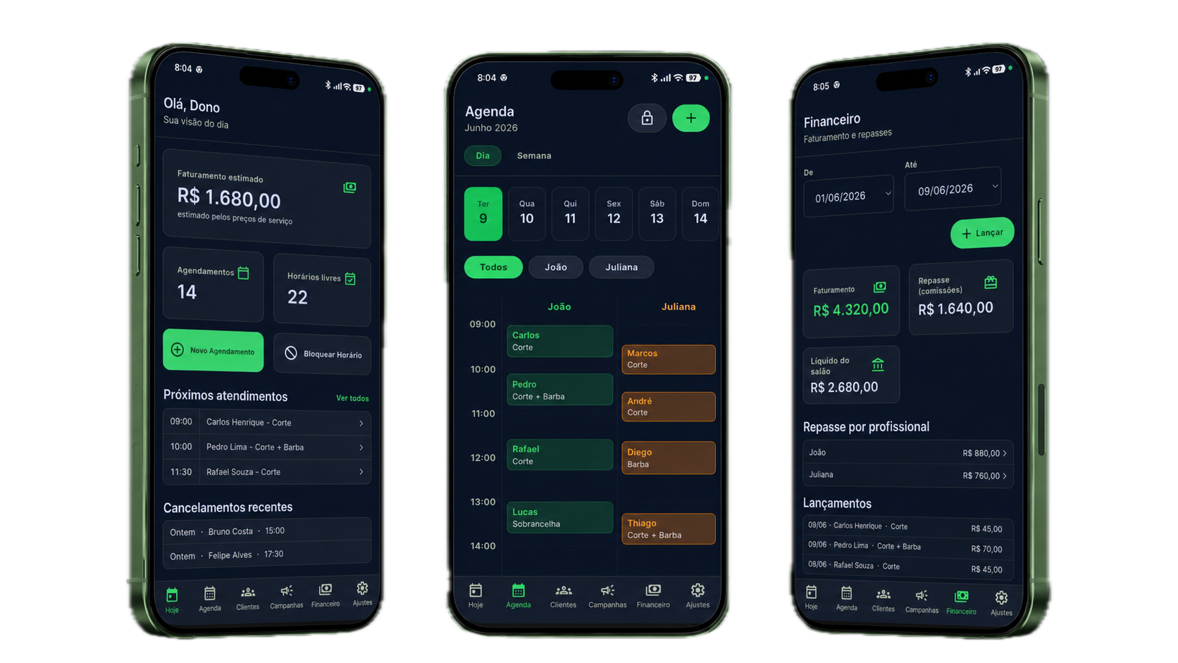 Telas do app Agenda Cheia: Hoje, Agenda e Financeiro